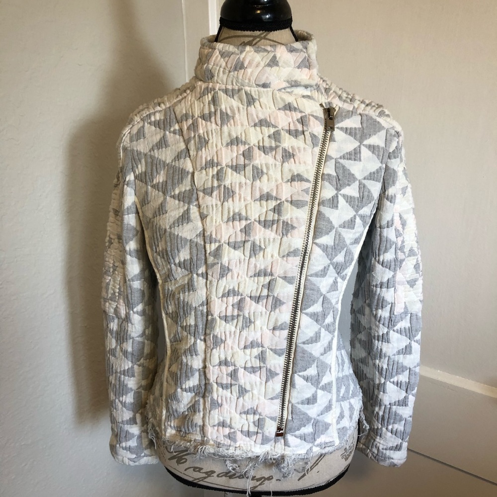 IRO Grey and Ivory Octavia Jacquard Raw Hem Moto Jacket